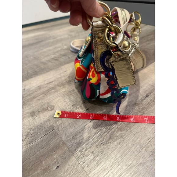 Coach Multicolor Op Art Print Canvas Leather Trim Shoulder Bag Purse Gold Chain - Picture 15 of 17